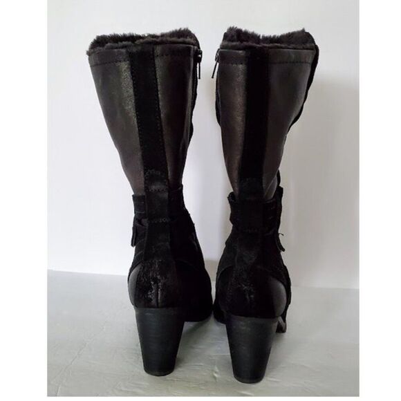 Baretraps Black Faux Fur Lined Suede/Leather Mid-Calf Block Heel Boot Sz 8 Moto - Picture 6 of 11